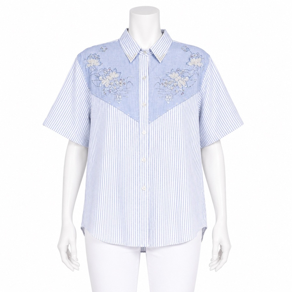 Andrew Sports Shirt Womens Medium Blue Striped Embroidered Beaded Western Floral